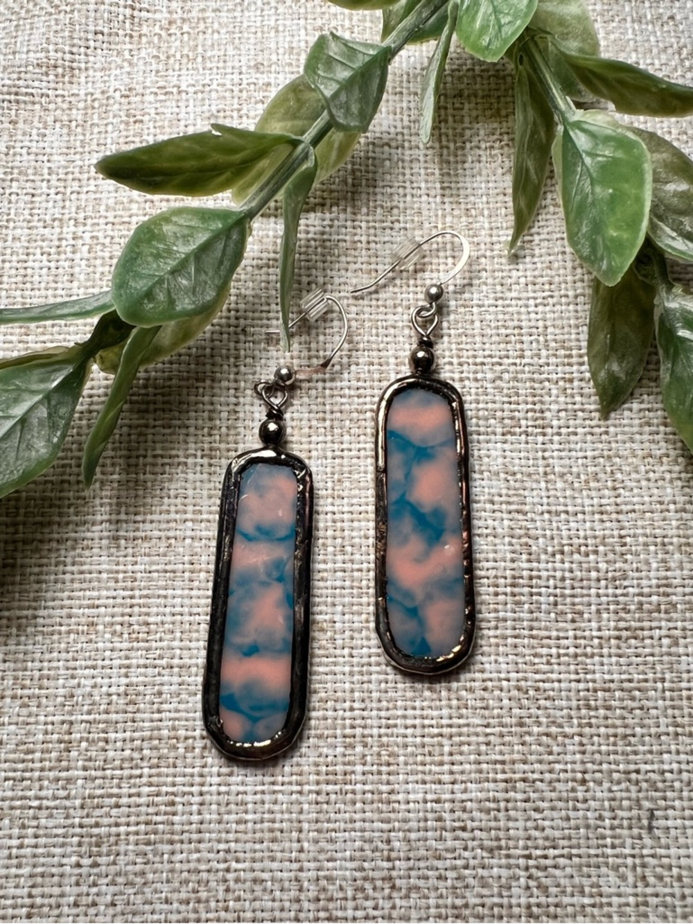 HANDMADE Blue and Pink Stain Glass Style Rectangular Drop Earrings